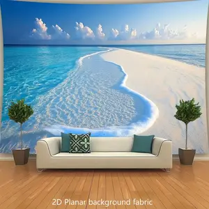2D Flat, Summer 2D Flat Background Fabric - Vibrant Maldives Beach Tapestry with Turquoise Waters & Sandy Shoreline, Polyester Wall Decor for Living Room, Bedroom, Office, or Wedding, Beach Theme Decor