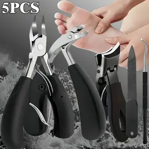 5pcs Heavy-Duty Nail Care Kit for Thick Nails Includes Slant Tweezers Cuticle Pusher Eagle Beak Pliers Precision Cutting Manicure Set Professional Salon Tools