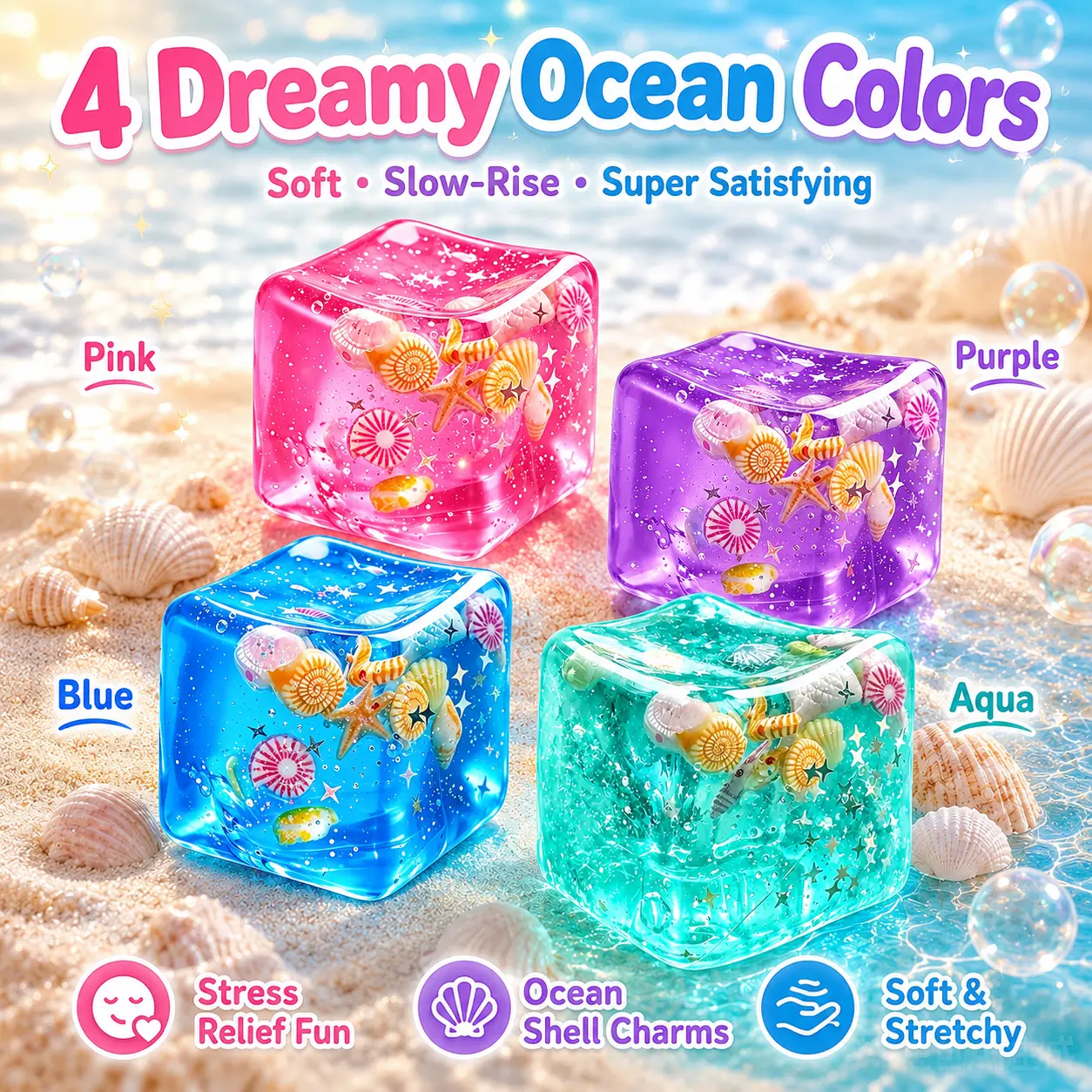 Dreamy Ocean Shell Squishy Cube, Soft Slow-Rising Ice Cube Fidget Toy, Super Satisfying Stress Relief Sensory Toy, 4 Color OptionsStress Reliefwith Slow Rising Sensory Squishy Toys for Kids Adults, Birthday Gifts, Classroom Prizes for Boys Girls