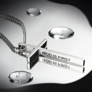 God Is First, I AM Second Men's Stainless Steel Cross Pendant Necklace, Jewelry, Double Sided, Religious Gift
