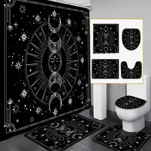 Boho Style Moon & Sun Pattern Bathroom Decor Set, 1 Set Including Shower Curtain & Toilet Lid Cover & U-shaped Mat & Toilet Lid Cover, Bathroom Decor Supplies, Bathroom Decoration Accessories