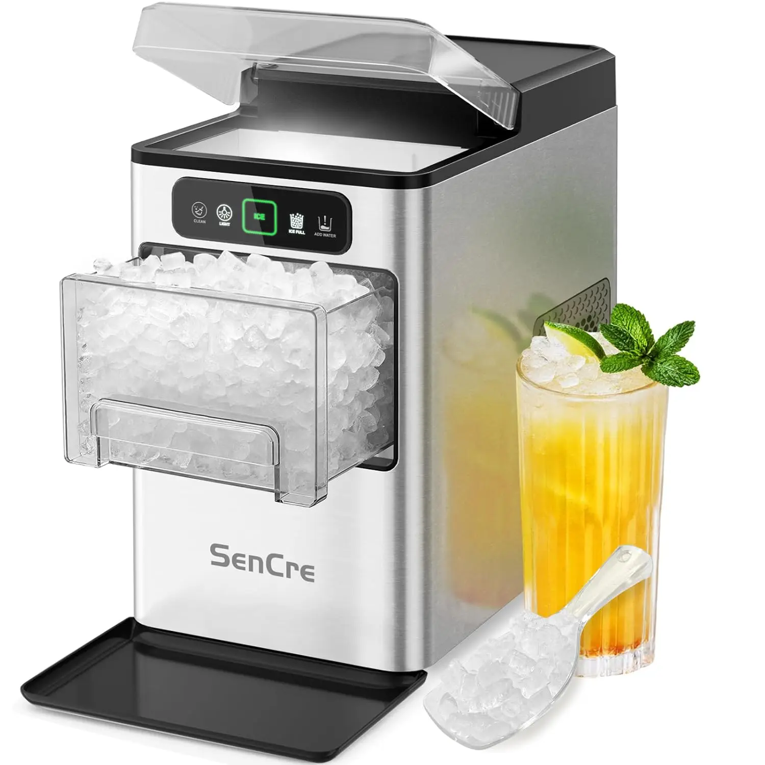 Stainless Silver Countertop Nugget Ice Maker, 40lbs/Day Soft Chewable Pellet Ice Machine with 1-Click Operation, Self-Cleaning Function, Scoop & Basket for Home/Kitchen