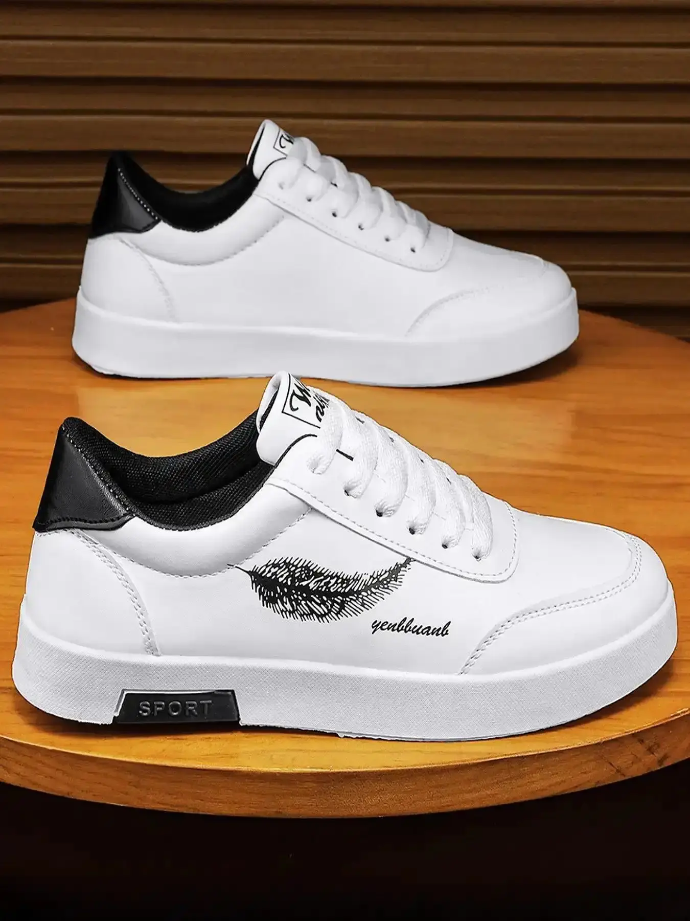 Men's Fashion Colorblock Letters Feather Pattern Lace Up Low Top Trending Sneakers Casual Breathable Comfort Athletic Shoes Trendy All-match White Trainers for Daily Wear Sports Footwear classic design active versatile
