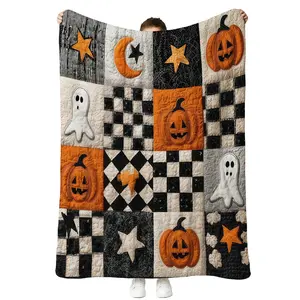Halloween Ghost Jack O Lantern Star Checkerboard Patchwork-style Print Flannel Blanket Soft Warm Throw Plush Blanket Classic Black Orange Neutral Farmhouse Spooky Aesthetic Bedroom Couch Nap Blanket Giftable Country Fall Halloween Decor Blanket