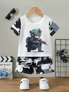 Boys' clothing, boys' suit, Casual set for spring and summer trendy anime style, boys' short sleeves+shorts decorated with camouflage splicing, cartoon special police print, comfortable and skin friendly, boys' birthday gift, outdoor