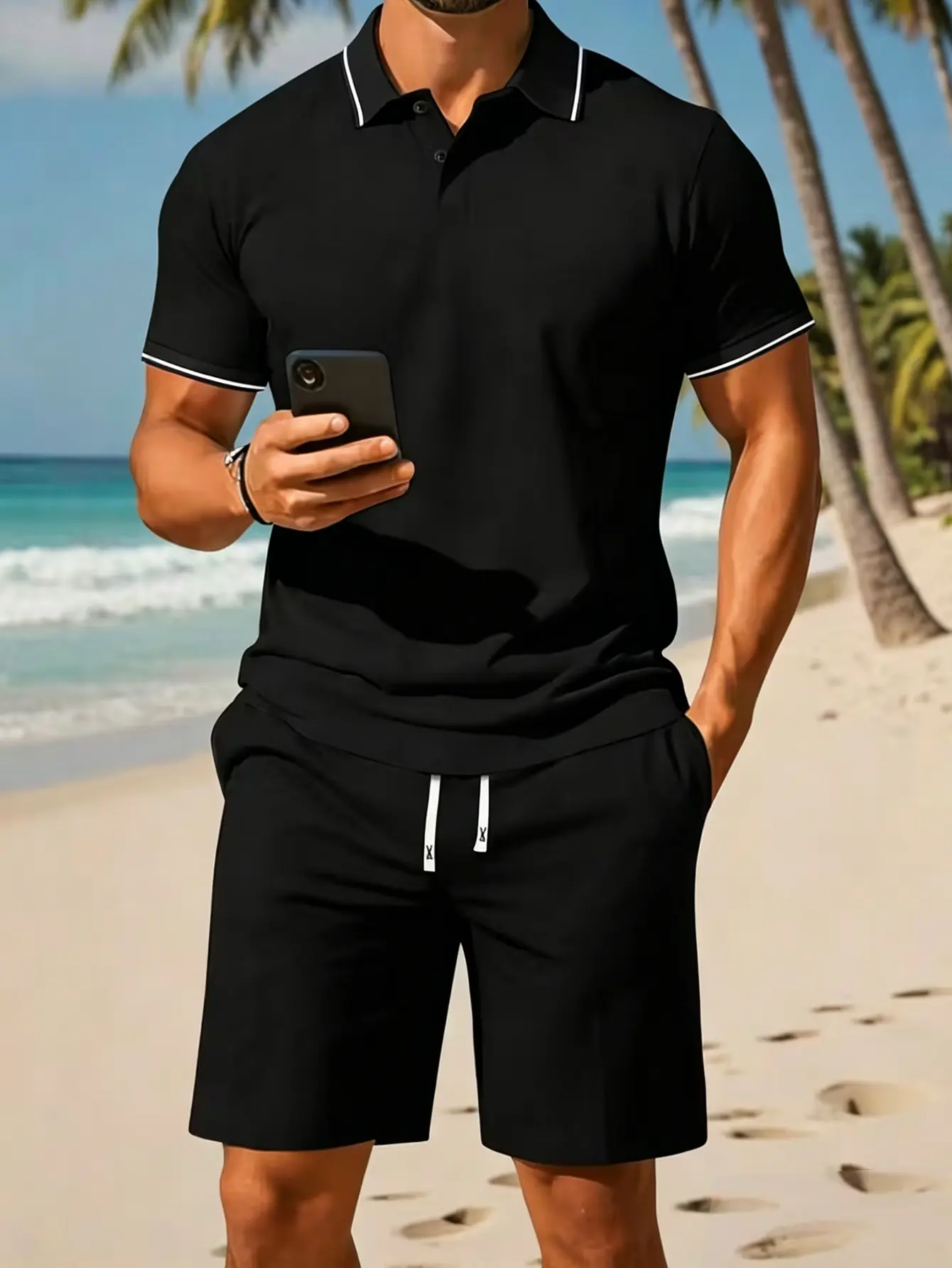 Men's 2-Piece Regular Fit Shortsleeve Plain Polo Shirt & Shorts Outfits - Casual Outdoor Clothes with Pockets, Drawstring Waist, Ideal for Sports, Great Gift for Husbands, Men's 2 Piece Sets, Athleisure Men's Clothing Sets