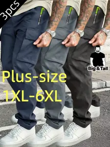3-Pack Plus Size Men's Fashion Casual Lightweight Cargo Pants, Big Pockets for Outdoor Daily Leisure and Sports in Spring Summer Fall