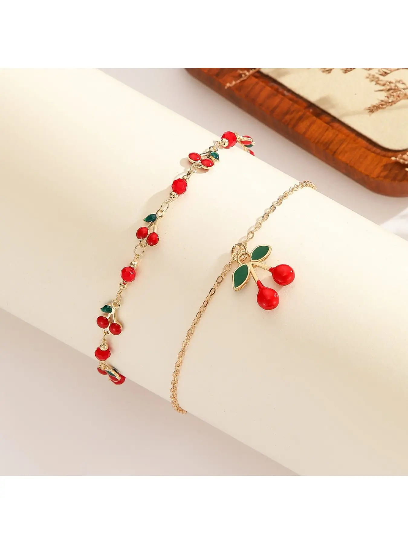 Cute Cherry Anklet Set for Women, Colorful Enamel Summer Fruit Series, Double Layer Beach Style Boho Anklets