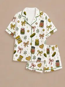 Women's Pickle Print Pajama Set, Short Sleeve Satin Loungewear, Matching Sleepwear Outfit