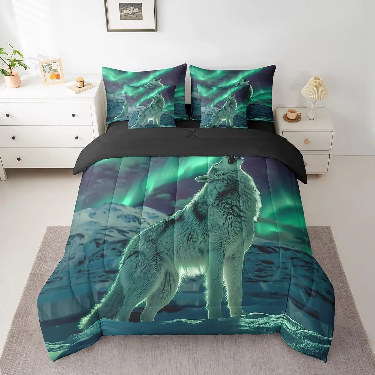 Feelyou 7-Piece Western Style Wolf Microfibre Bedding Set - Soft Breathable Howling Wolves Comforter, Bedsheet Sets, Printed Blanket with Animals Design, Machine Washable for Boys, Soft Comfy Blanket, Bedding Sets Collections
