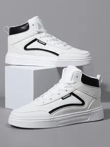 Men's Classic Casual High-Top Trainer Sneaker Shoes, Versatile Sneakers, Breathable PU Leather, Colorblock Stripes, Thick Eva Sole, Ideal for Daily Wear, Travel, Fitness