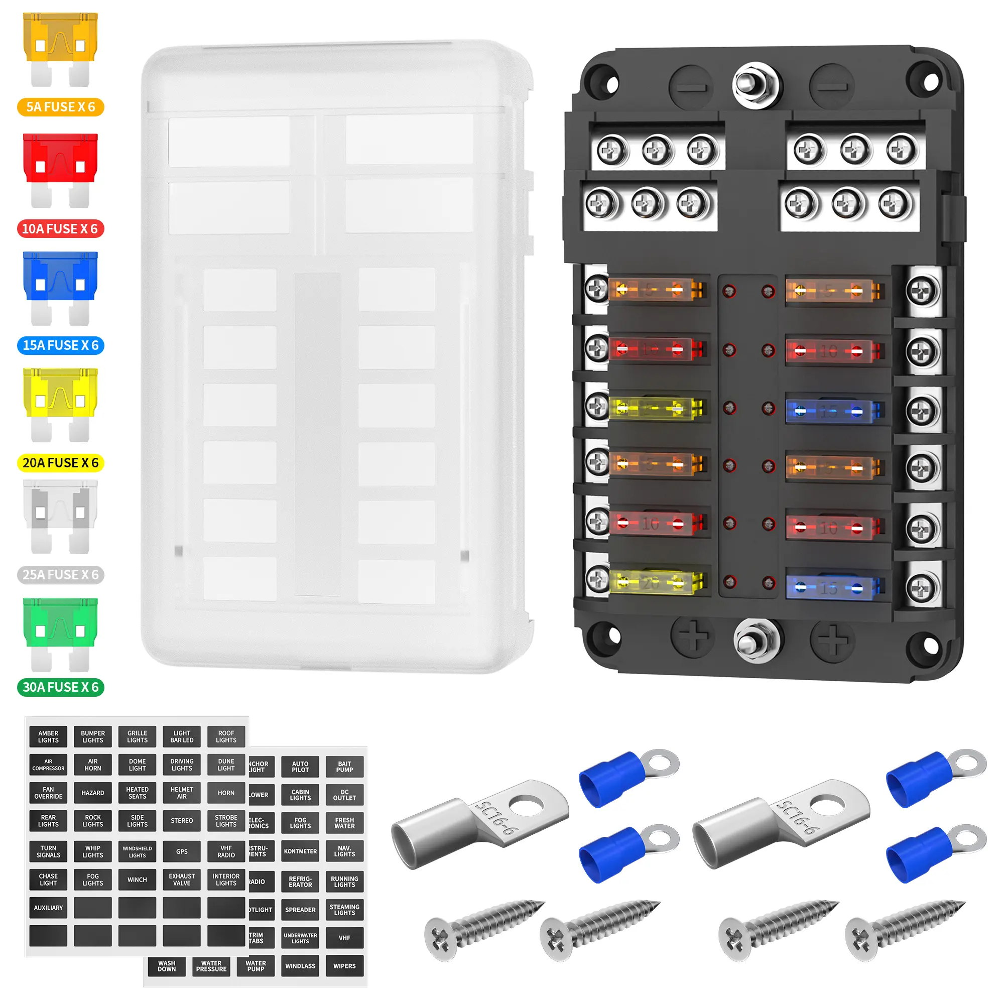 Eunik 12-Way ATO/ATC Blade Fuse Block - 12V/24V Waterproof Fuse Panel with LED Indicator for Cars, RVs, Trucks