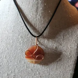 Natural Agate Wire wrapped Bead with Cord Necklace 22"