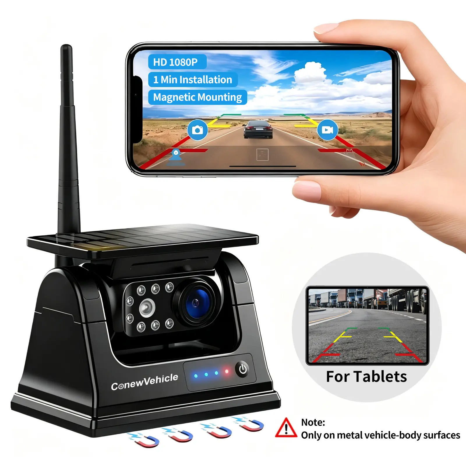 ConewVehicle Solar Magnetic WiFi Backup Camera with 9600mAh Rechargeable Battery, Lens, Mount, Easy Installation, Fast Charging, Night Vision, Waterproof, Easy Hitching for iPhone iPad Android, Travel Safety for Trucks RVs, Batteries, 1080P Digital Camera