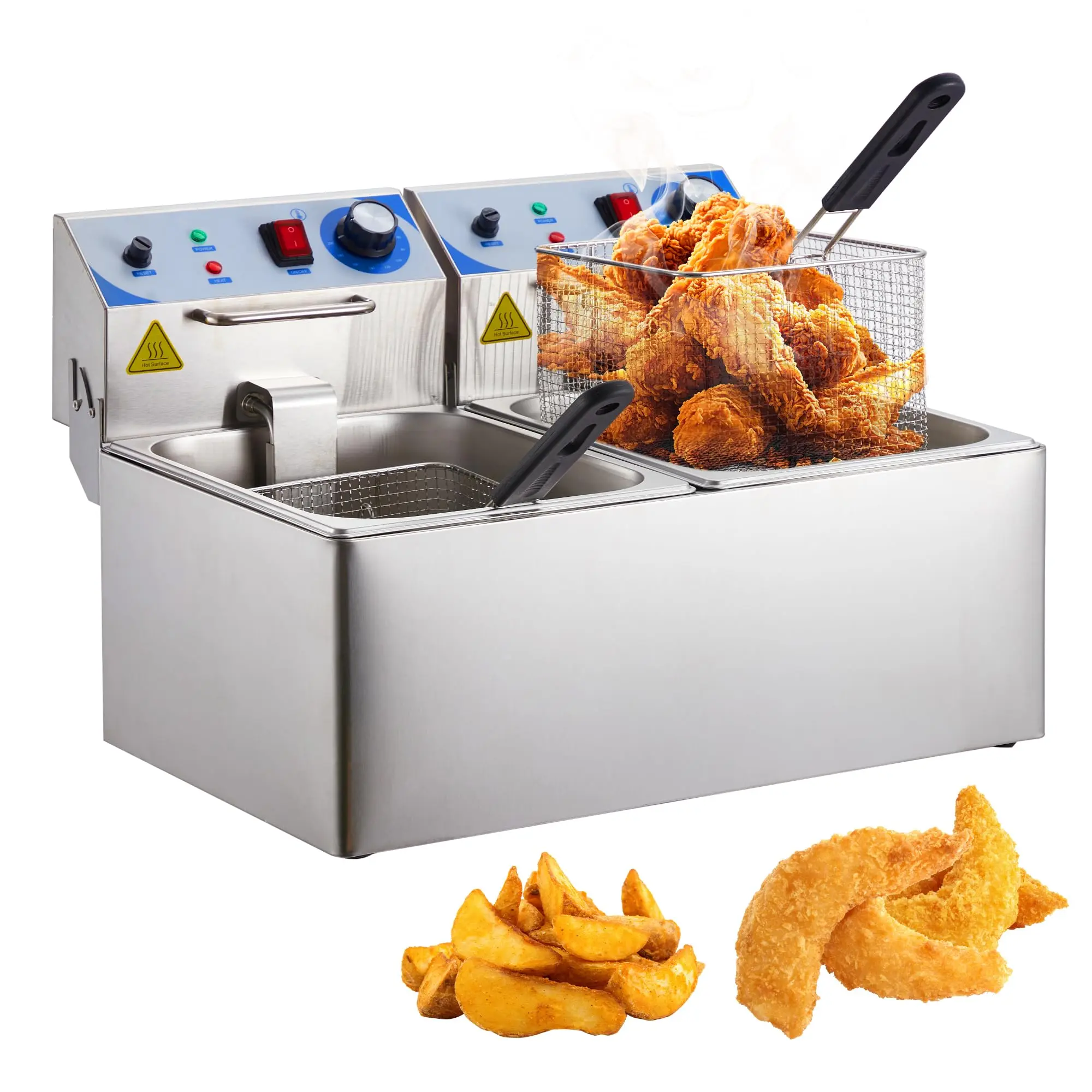 Gaomon Countertop Dual-Basket Electric Deep Fryer, 2x10L Stainless Steel Commercial-Grade Unit for Family Parties, 17.7in x 11.8in, 170°F-375°F Adjustable Temp Control, Simultaneous Fry, Removable Baskets & Lids