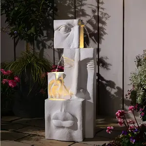 Modern Floor-Standing Water Fountain with Face Sculpture, Lighting and Plant Stand - Indoor Garden Decor, Outdoor Water Feature for Home Improvement and Pond Use