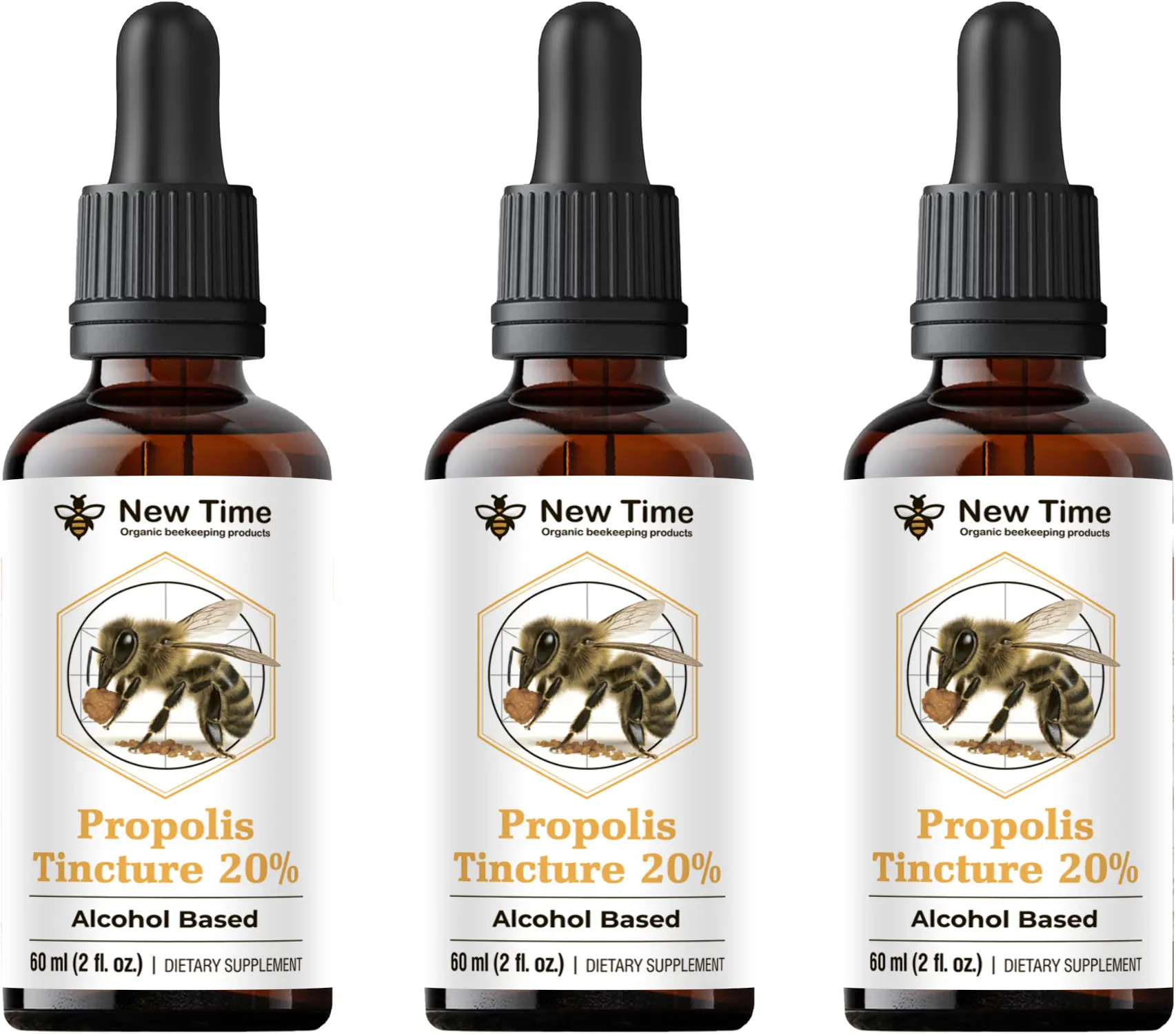 New Time Organic Bee Propolis Tincture 20% Alcohol-Based 70% 3 Pack × 60 mL Amber Glass Bottles Natural & Organic Immune & Wellness Support Dietary Supplement