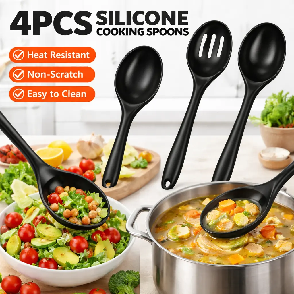Kitchen 4-Piece Large Silicone-Nylon Spoons Set (10.6" Length) - Heat-Resistant, Thick, Durable, Nonstick Slotted/Solid Utensils with Hanging Long Handles, Dishwasher Safe for Fry, Eggs, Pasta Scoop