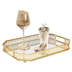 Gold Serving Tray with Handles & Raised Edge, Electroplated Iron & Glass Rectangular Decorative Tray for Cosmetics Jewelry Drinks Candies, Vanity Organizer for Bathroom Dresser Coffee Table