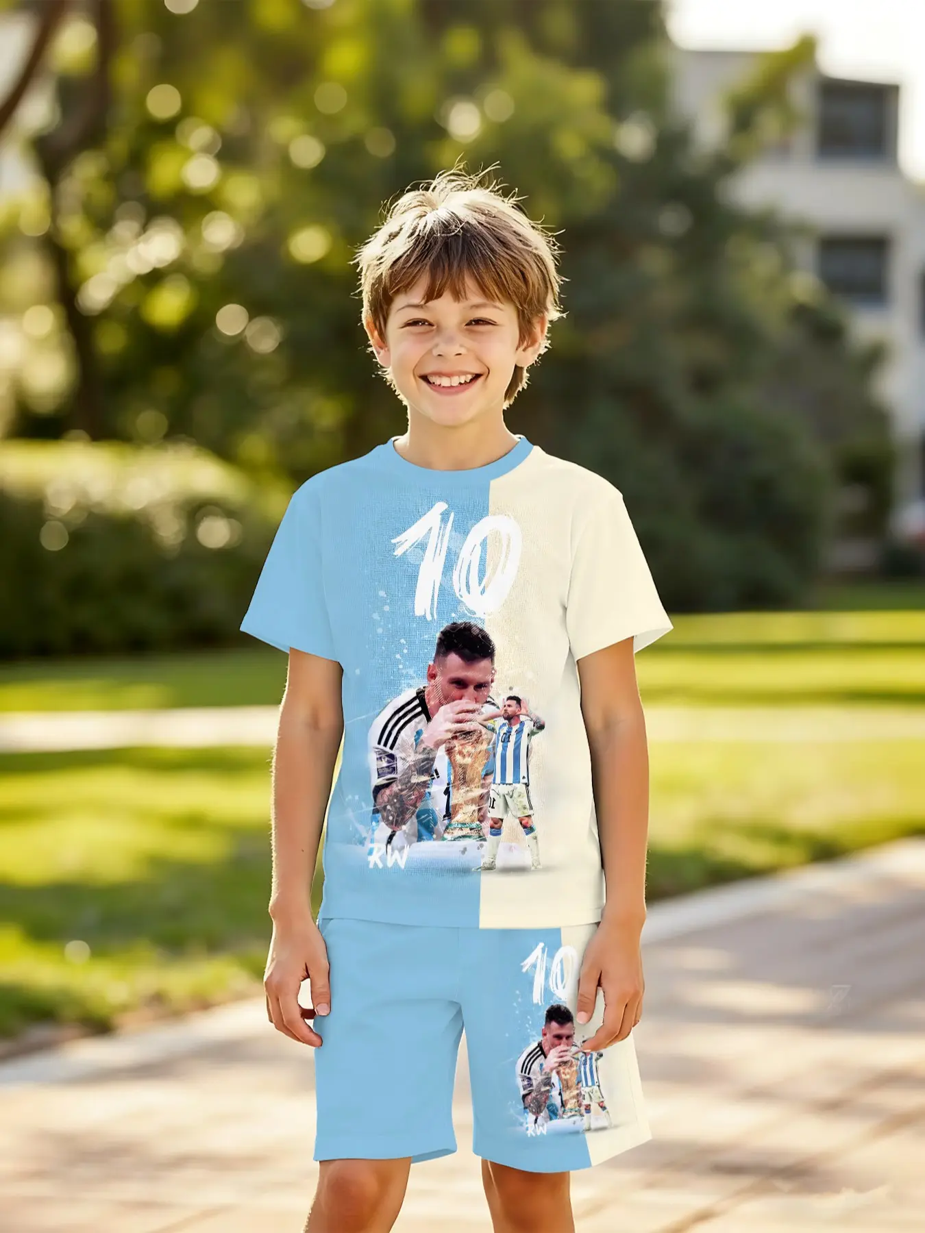 Argentina Champion Football Style Short Sleeve Set, Boys' 3D Printed Sports Two-Piece, Summer Clothing Set, Sportswear Set, Casual Outdoor Wear, Holiday Gift, Sports Clothing Set