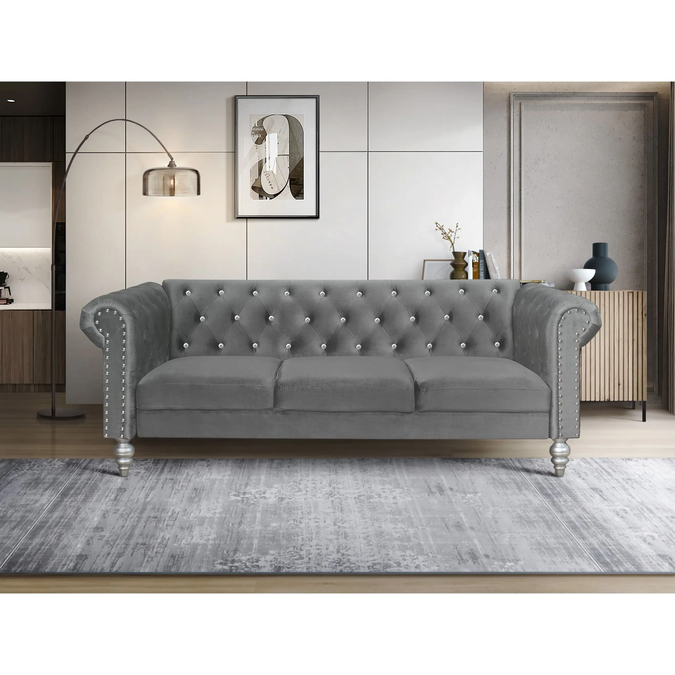 Favorer Emma Velvet Rolled Arm Sofa