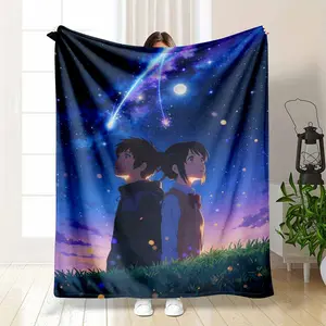 Starry Night Sky Flannel Blanket Romantic Meteor Shower Anime Illustration Ultra Soft Plush Lightweight Warmth Perfect For Bedroom Bedding Living Room Couch Decor Travel Camping Or Meaningful Anniversary Gift