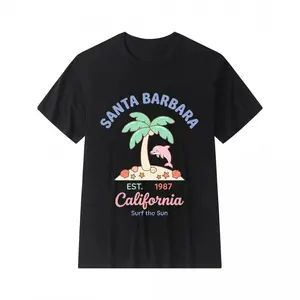 Women's Short-Sleeve Dolphin Palm Tree Graphic T-Shirt - Breathable, Casual, Comfy, Cute Light Loose Fabric Top, Santa Barbara California Viral Print for Beach Vacations, Everyday Wear