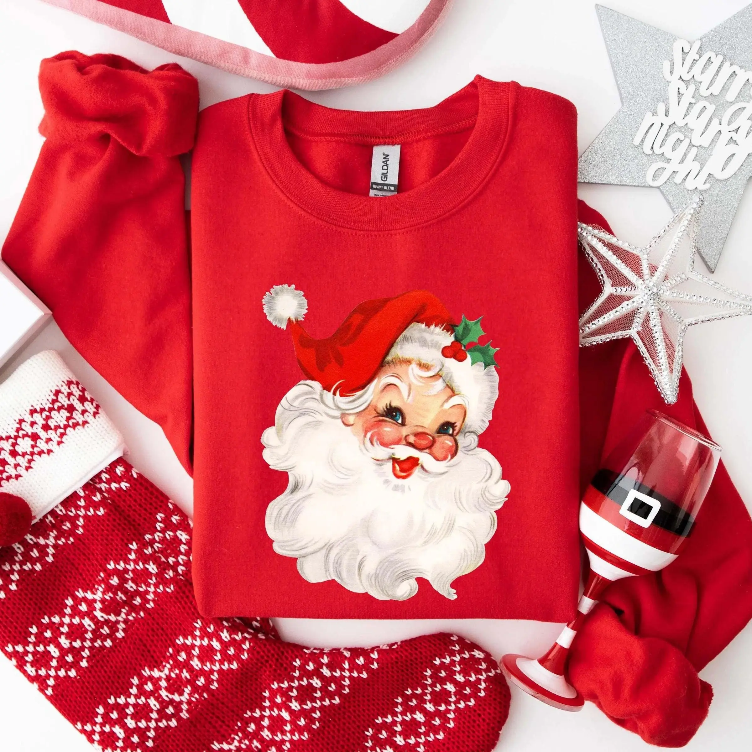 Retro Santa Sweatshirt, Vintage Christmas Santa Sweatshirt, Cozy Holiday Apparel for Women, Cute Santa Claus Graphic Crewneck Sweater, Merry Christmas Sweatshirt for Women, Festive Holiday Season Outfit, Cute Secret Santa Gift Idea for Her