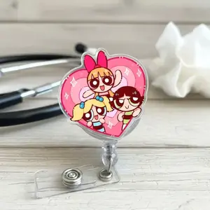 Cute Power puff girls Retractable ID Badge Reel Nurse Accessory Unique Gift for Nurses, Doctors, Teachers and Medical Staff Coworkers