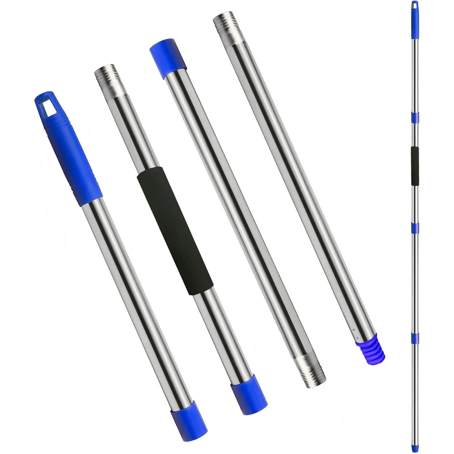 Mop Handle Replacement - 4-Section Adjustable from 30" to 58" - Durable Stainless Steel Mop Pole with  Thread Joint for Spin Mops & Brooms (Blue)