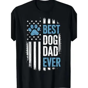 Best Dog Dad Ever T-Shirt American Flag Dog Lover Casual Crew Neck Shirt Father's Day Gift Outdoor Wear Training Everyday Wear Dog Design Valentine's Day Christmas Gift
