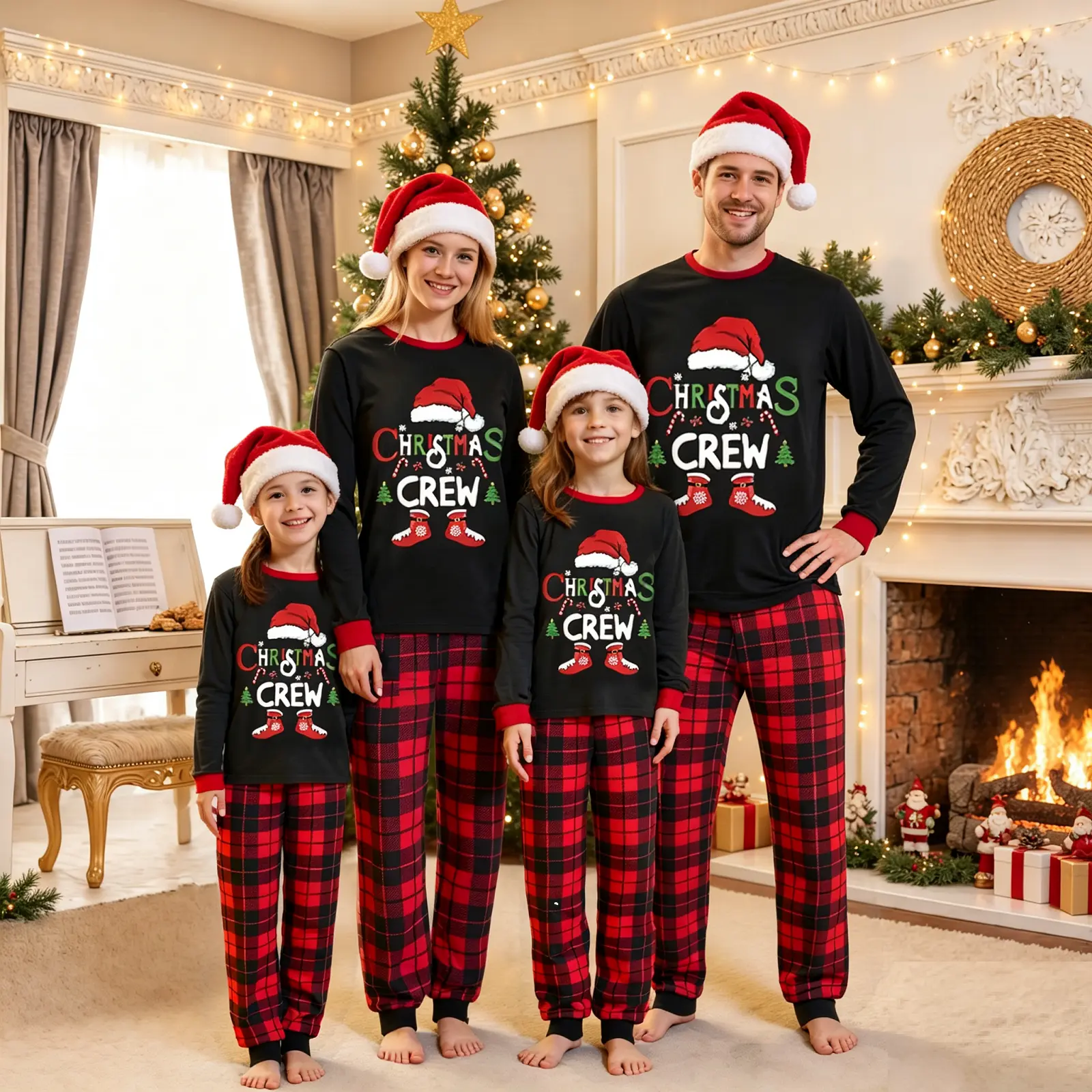 Christmas Family Pajamas Matching Set Soft Holiday Party Clothes Christmas Family Pajamas Long Sleeve T-shirt with Red Plaid Pants Festival Xmas Sleepwear Crewneck Baby