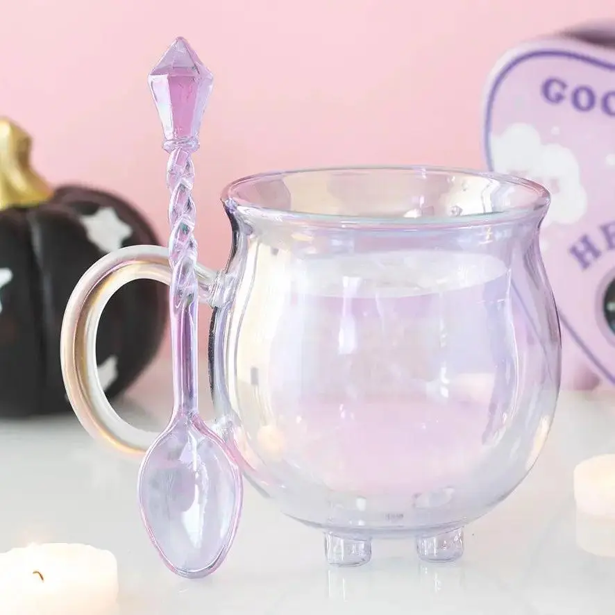 Purple Cauldron-Shaped Glass Coffee Mug with Crystal Spoon - Gothic Drinkware, Halloween Gift for Coffee Lovers, Cauldron Shape
