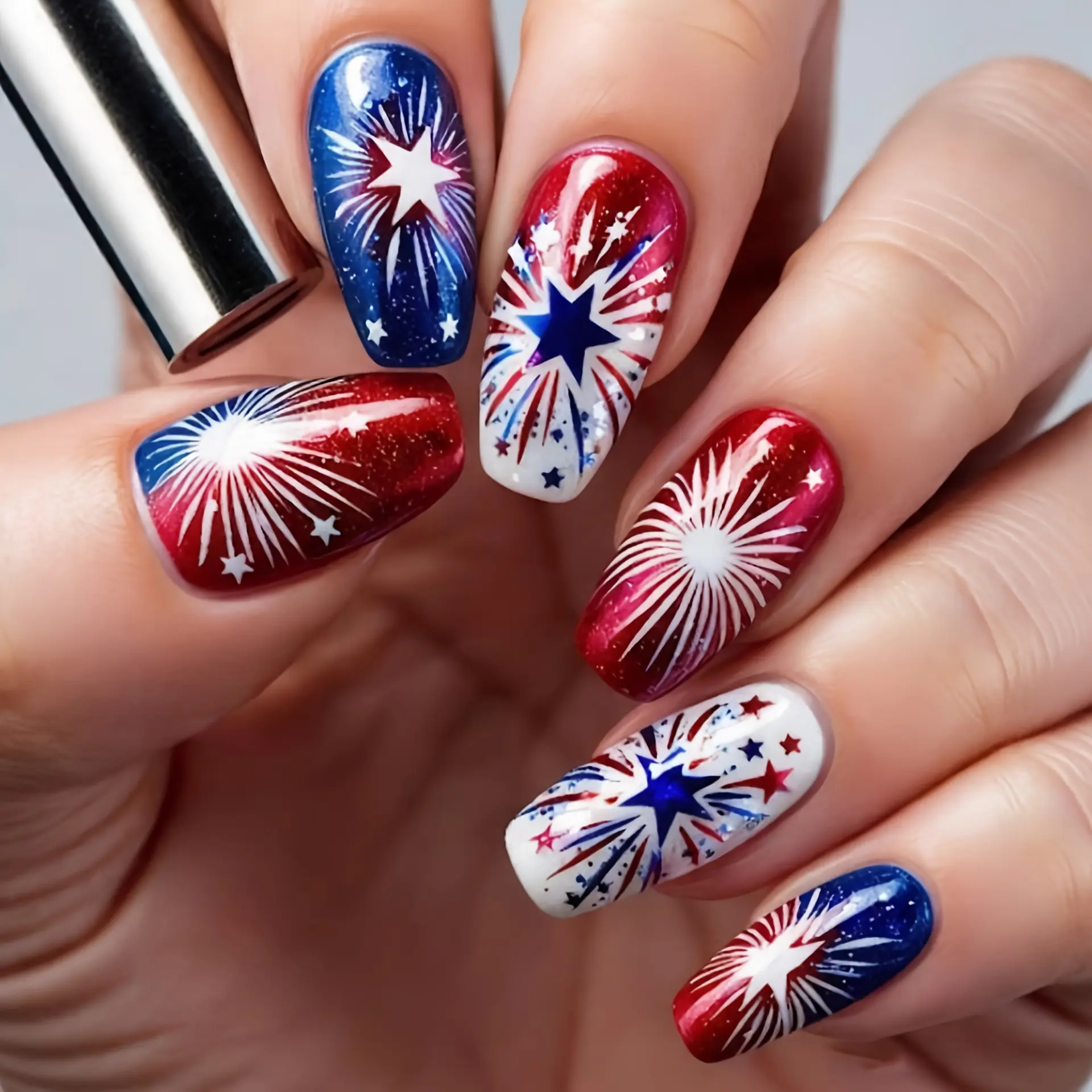 24pcs Independence Day Red Blue White Glitter Fake Nails - Patriotic Fireworks Design with 5-Pointed, Removable Glossy Nail Patches Holiday Celebrations, Party Goers, Highquality Pressons, Party Wear, Durable Pressons, Festive Manicure