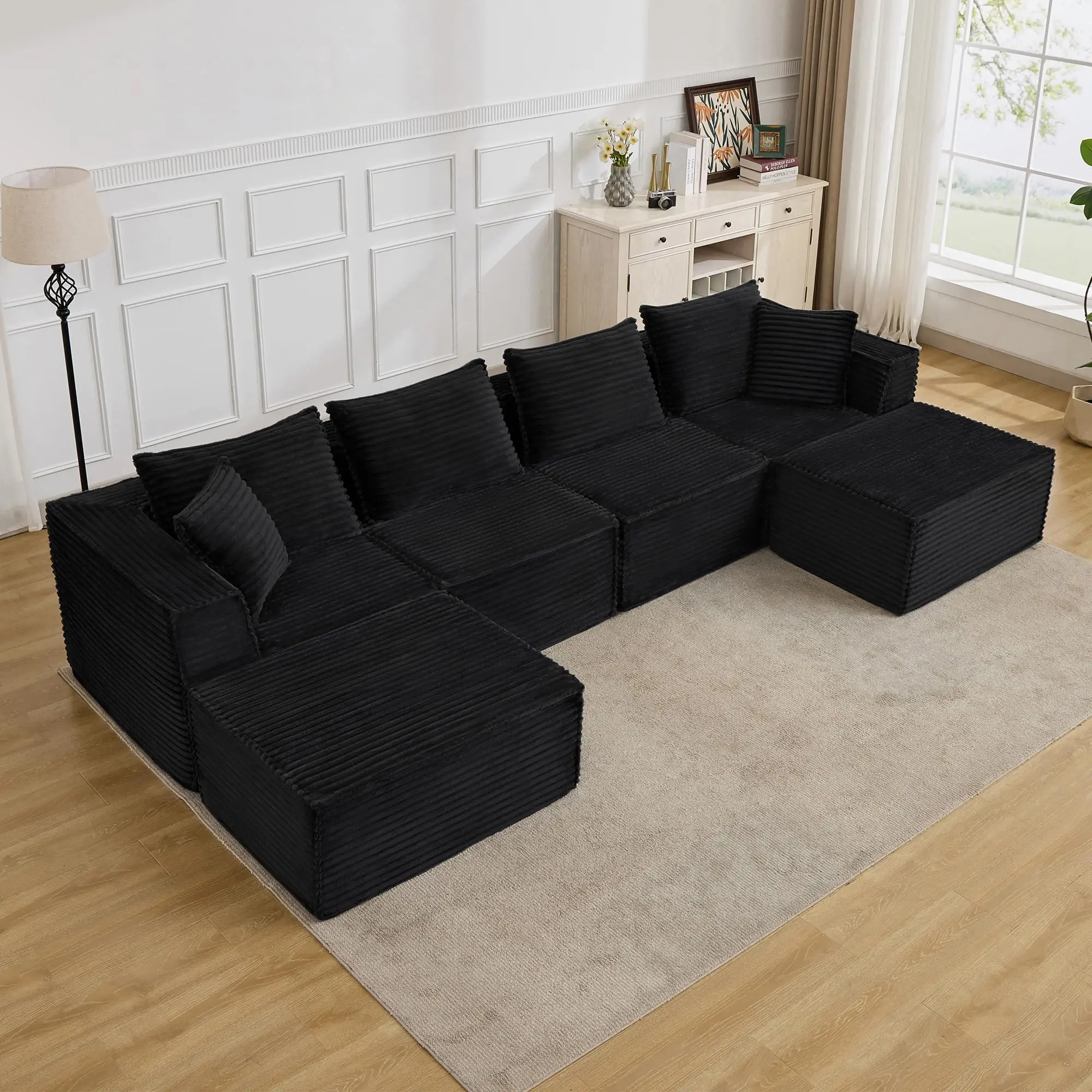 Garvee 137" Modular Sectional Sofa,Modern Cloud Sectional Couch with Deep Seat, U-Shape Boneless Couch with Chaise for Living Room Apartments Bedroom, No Assembly Required (4 Seater + 2 Ottoman),Black