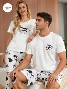 Men's Sleepwear Pajama Home Clothing Set, Cow Pattern, Short Sleeve, Round Neck, Casual Fitted Style, Random Print, Comfortable Loungewear, Menswear
