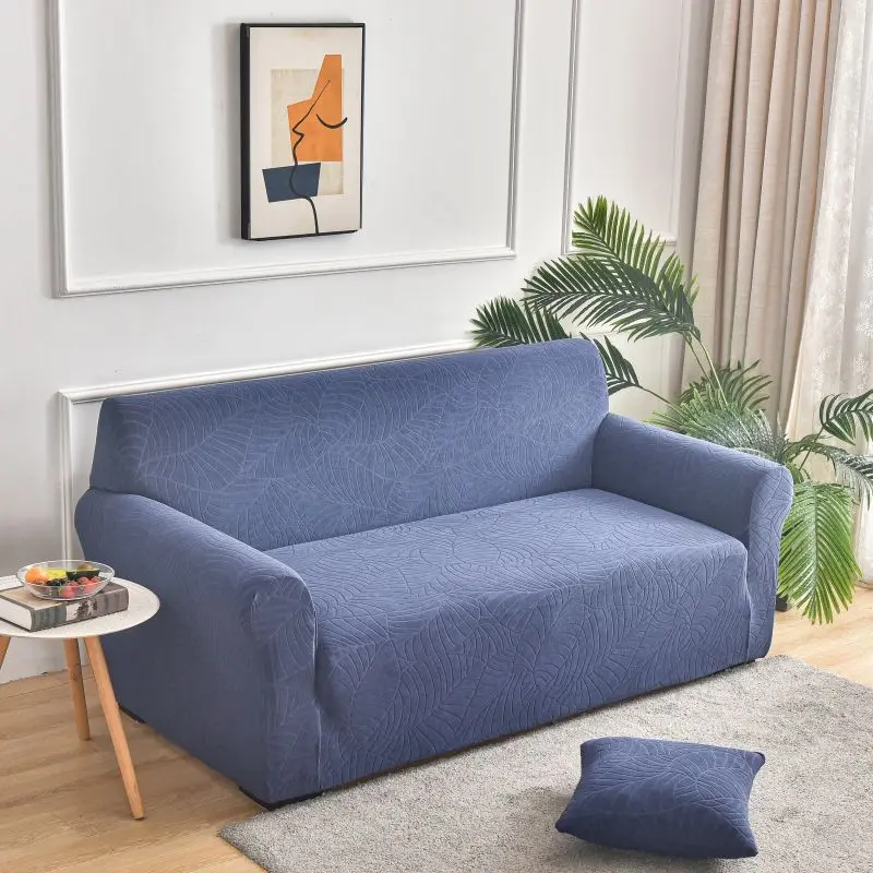 High-Style Embroidered Leaf Elastic Sofa Cover, Slipcover for Sofa, Blue Soft Fabric, Washable, Pet-Proof, Fits Single to Four-Seater Sofas, Sofa Couch Protector, Living Room Furniture Protector