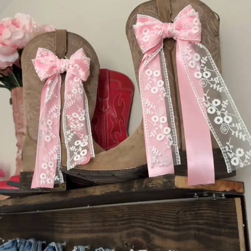 Handmade Custom Pink Lace Boot Bows – Western Coquette, Nashville Outfit, Bridal Bachelorette