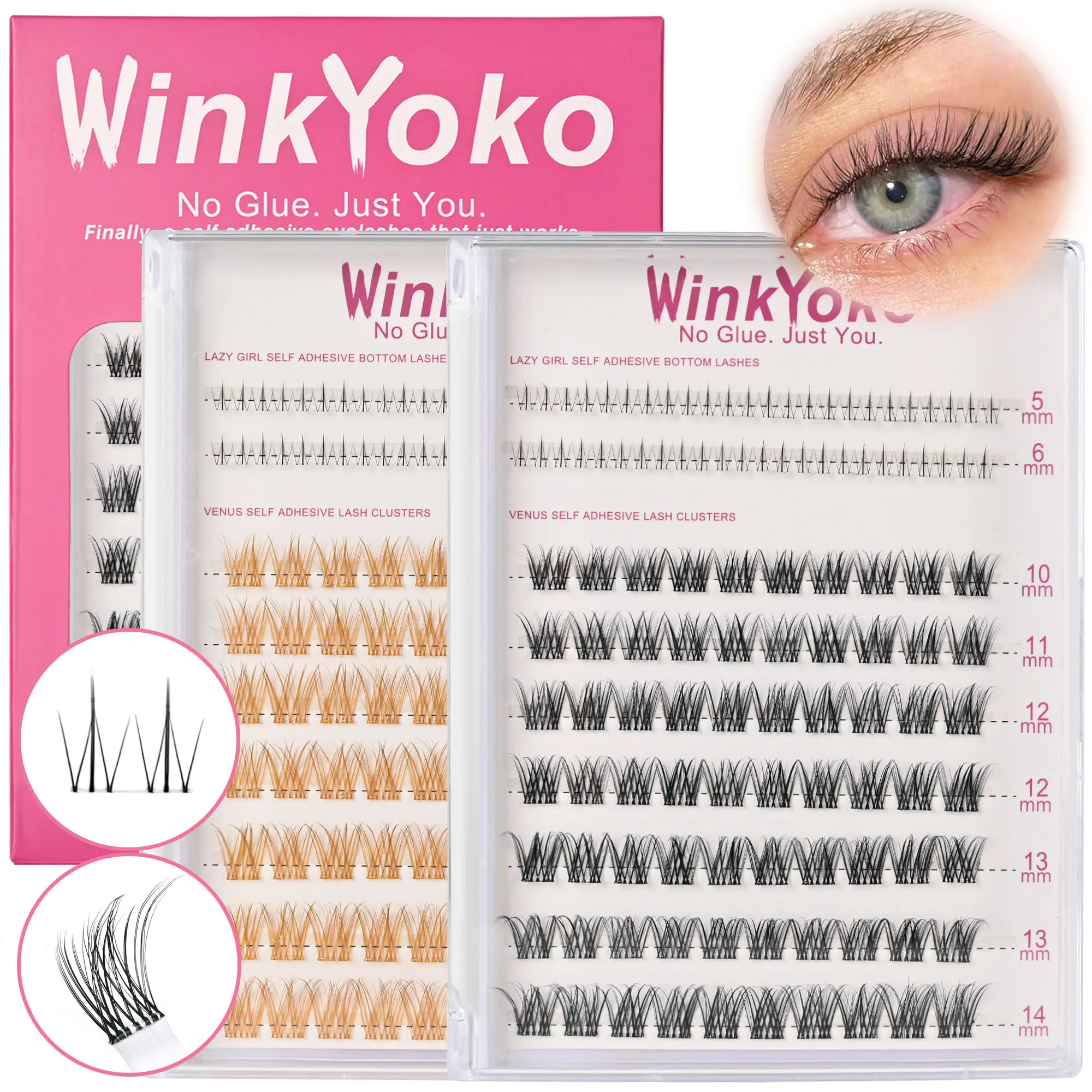 Self Adhesive Natural Lash Clusters-Venus Styles with Bottom Lashes, WinkYoko No Glue Lashes Beginner Friendly, Ultra-Thin Transparent Band Wispy Lashes, Velure C Curl 8-14mm Mixed Length Individval Natural-Look Eyelash Extension, Natural Makeup Girl Gift