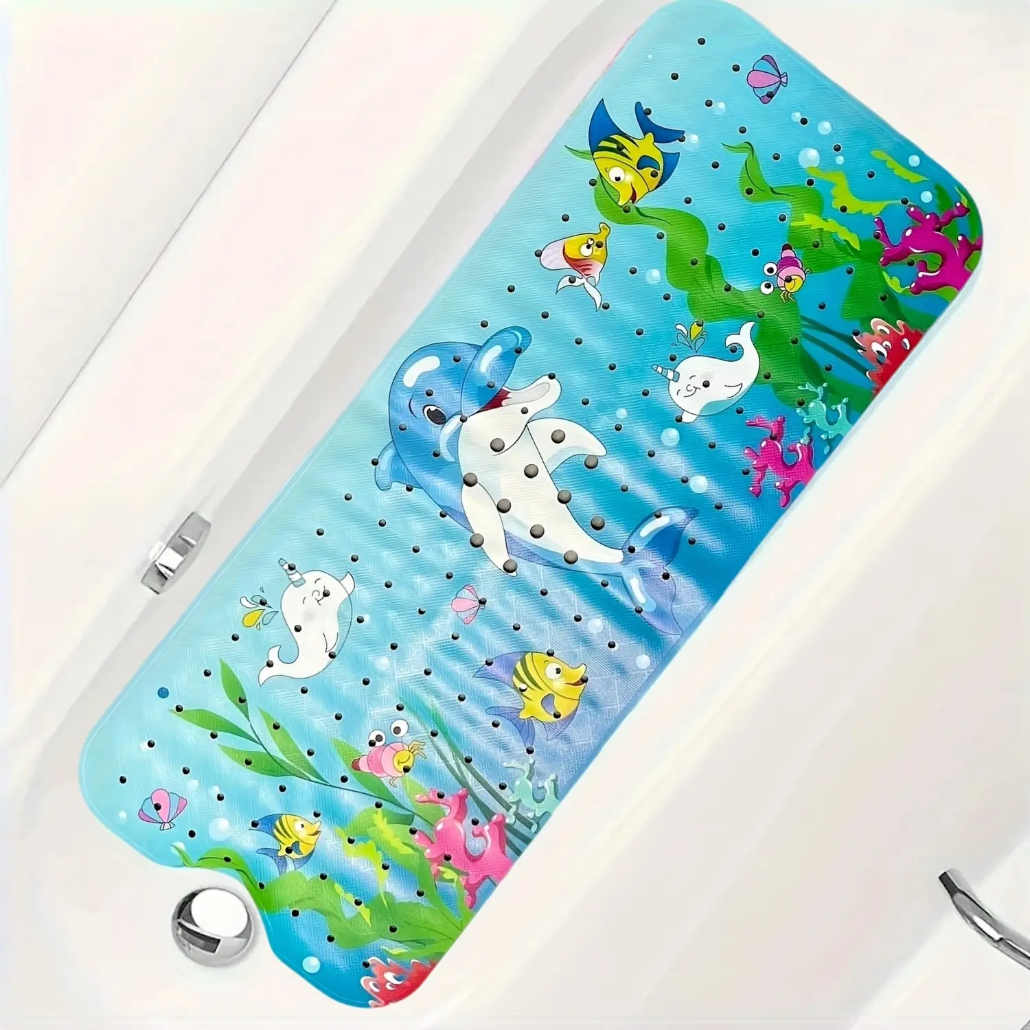 1pc Bath Mat Long 40x16inch Non-Slip Bathtub Mat with Secure Suction Cups & Drain Holes with Fun Dolphin Design Bathroom Mats Non Slip Shower Mat for Tub for Children and Toddlers (Bath Dolphin), Secure Shower Mat, Water Absorbent Mat, PVC Shower Mat