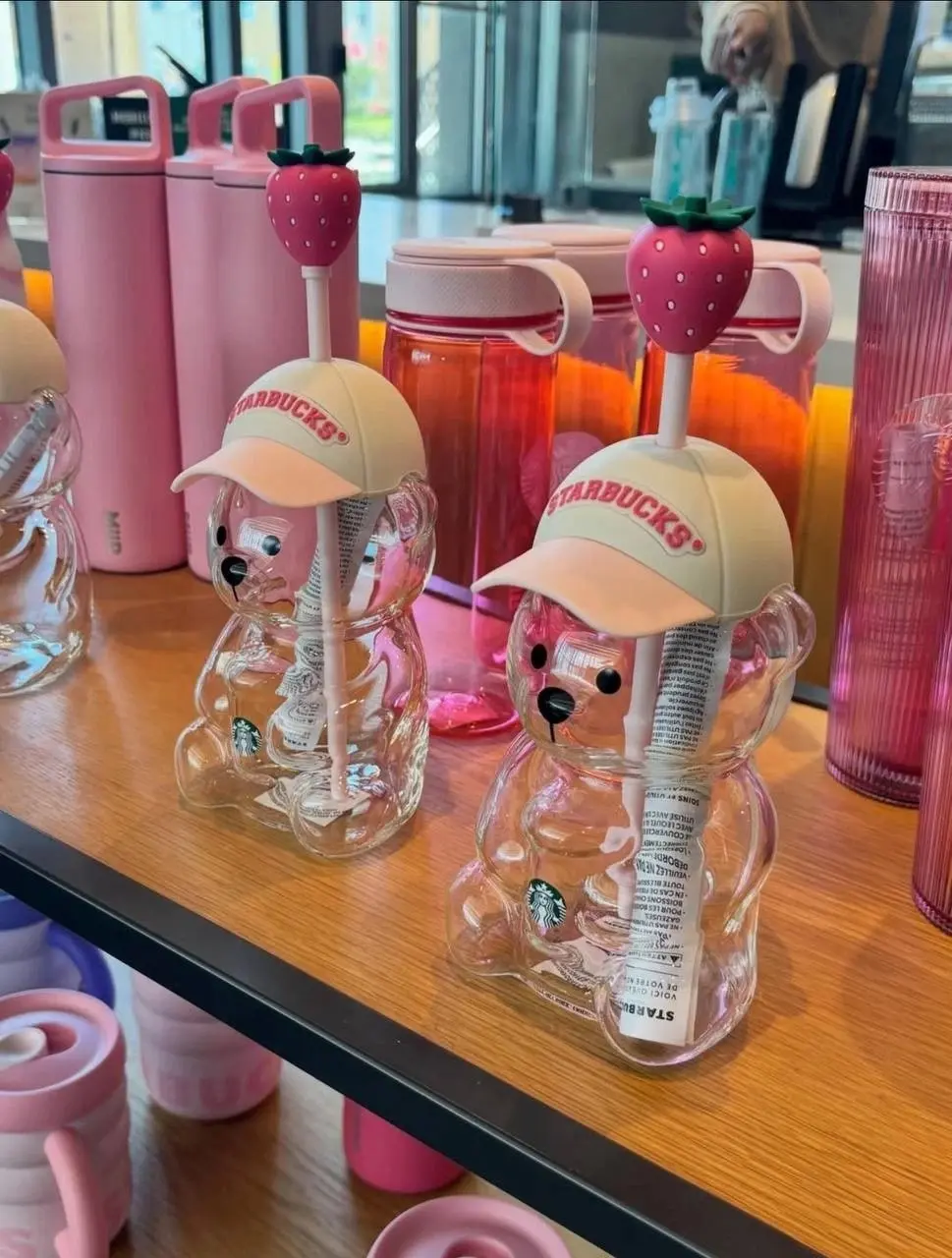 SummerWins New 2026 Starbucks Bearista Bear Cup Tumblers Strawberry Topper Baseball Cap, Anniversary Gift, Creative Cocktail & Soda Glassware