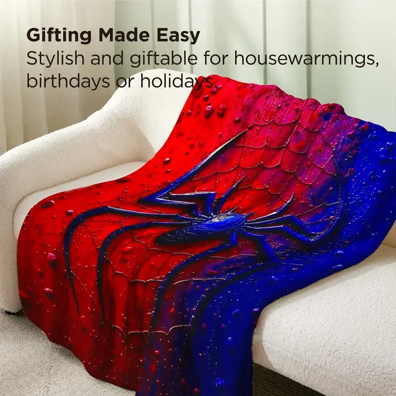 Deep Blue Spider Pattern Flannel Blanket, Soft and Comfortable Home Cover Blanket, Red and Blue Color Contrast Warm Blanket, Suitable for Camping Exploration and Office Insulation, Flannel Throw Blanket