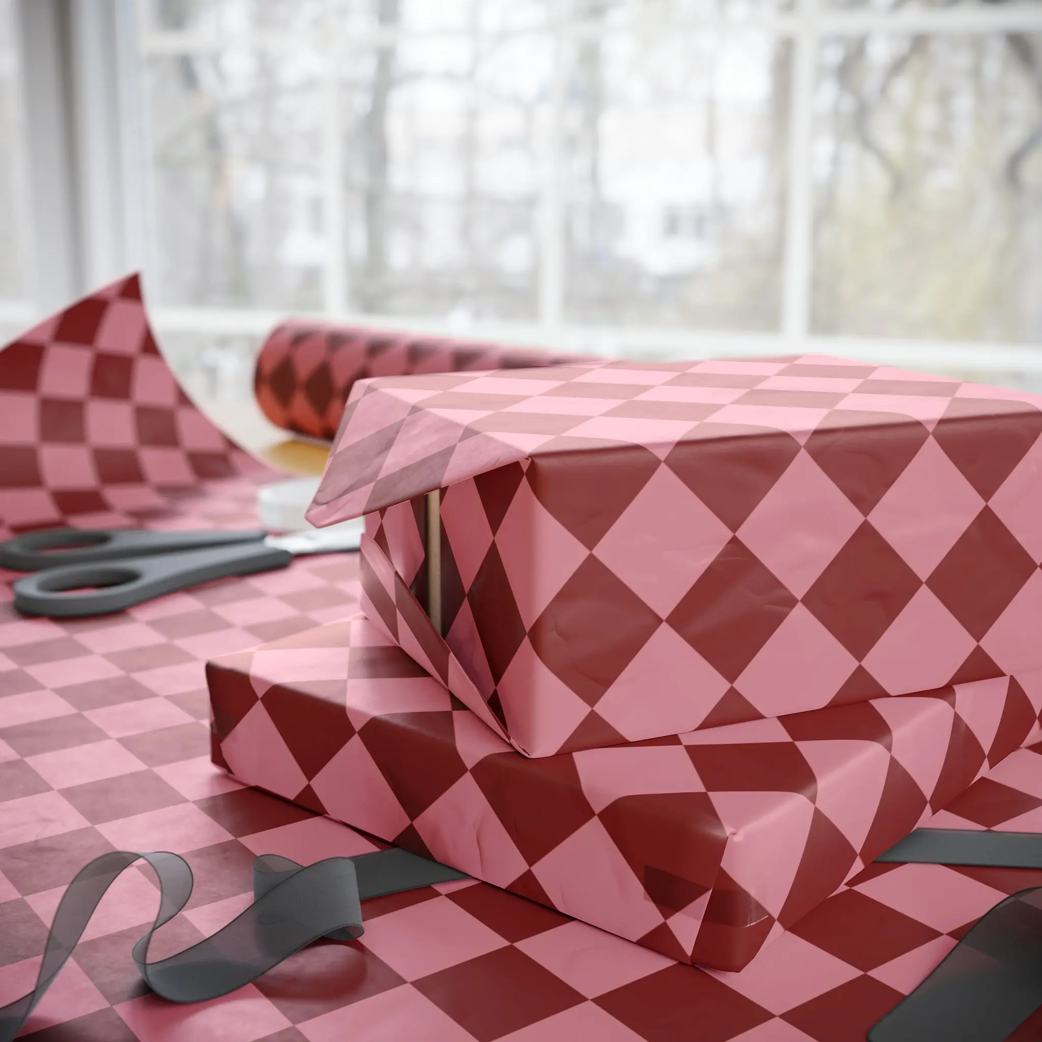 Pink & Red Checkered Wrapping Paper, Gloss or Matte Finish Elegant Luxury Birthday Gift Wrap