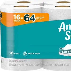 Angel Soft Toilet Paper, 16 Mega Rolls = 64 Regular Rolls, Soft and Strong Toilet Tissue