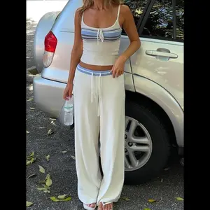 Women’s striped print crop cami top and drawstring waist sweater pants set, women’s knitwear for everyday wear