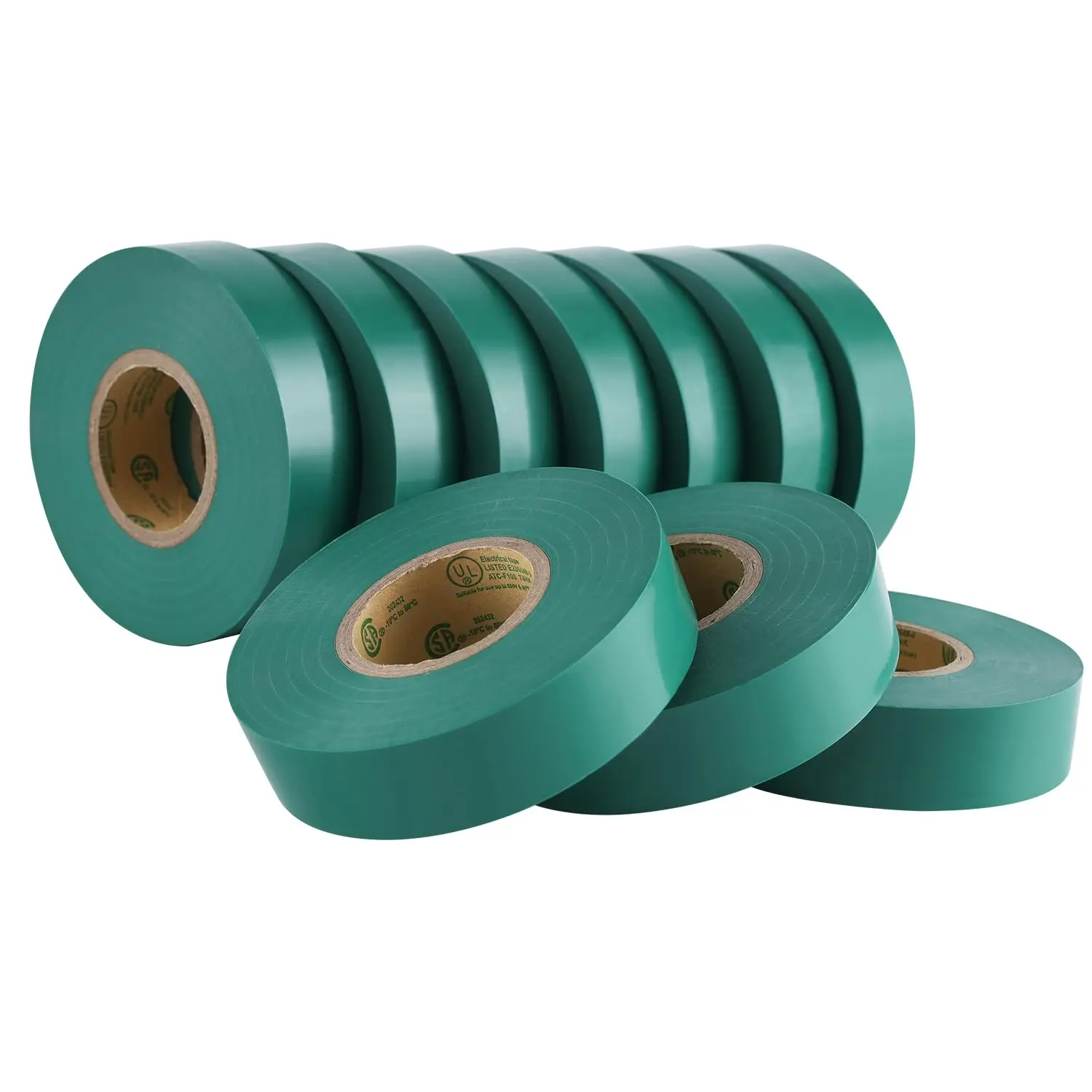 10-Pack Green Electrical Tape , 3/4 in x 66ft, Industrial Grade UL/CSA Listed High Temp Electrical Tape Green Electric Super Vinyl