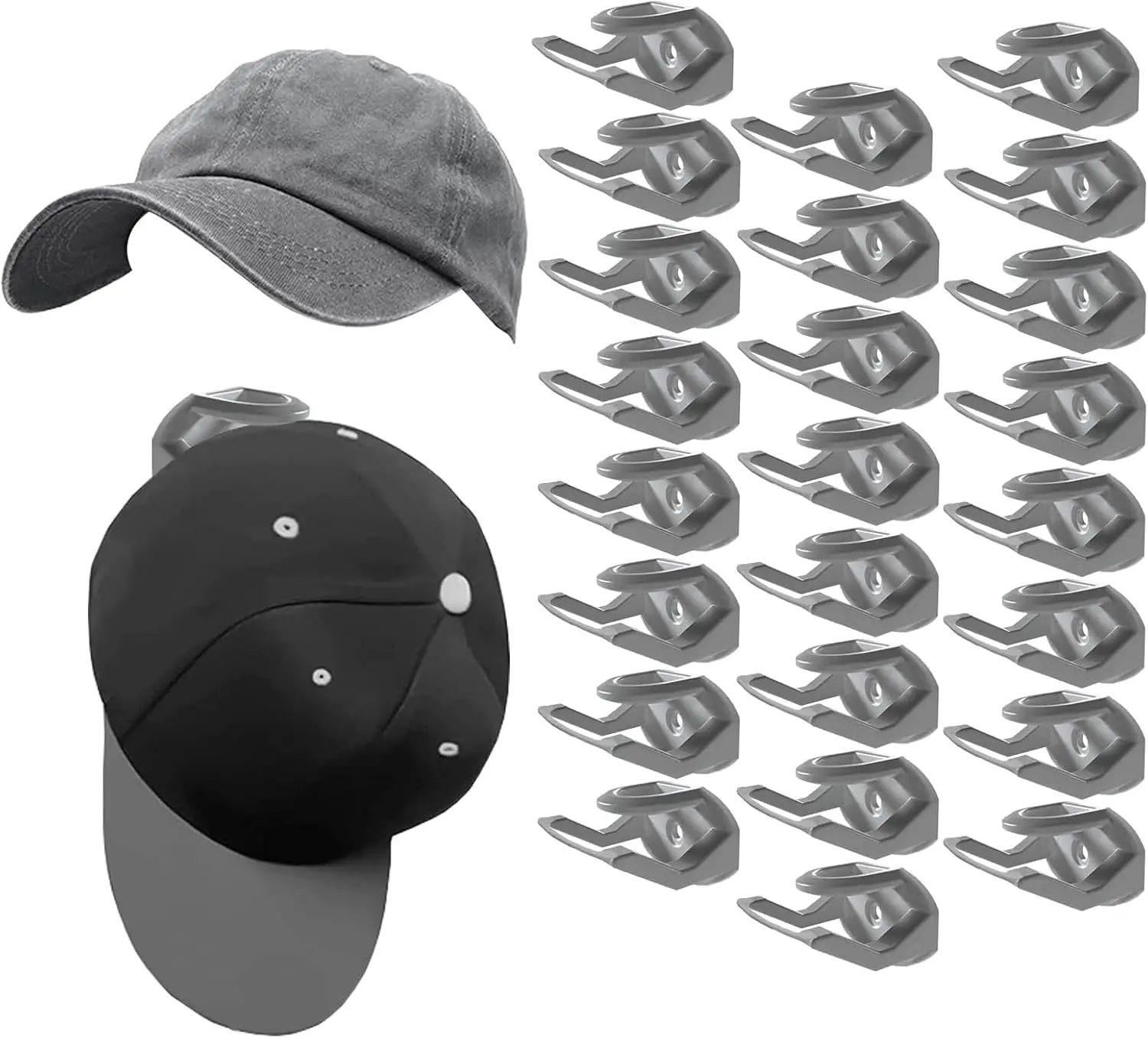 24 Pack Baseball Hat Holder for Wall，Adhesive Hat Rack for Baseball Caps, Hat Hangers for Wall， No Drilling ，Adhesive Hat Display Hooks,Hat Organizer Men Boys Bedroom (Grey)