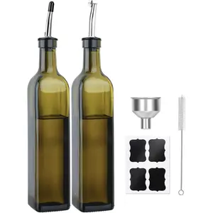 Olive Oil Dispenser Bottle, 2 count Green Glass Oil Bottle for Kitchen, Oil and Vinegar Dispenser Set with Pourers and Funnel -17oz Green Olive Oil Bottle Dispenser