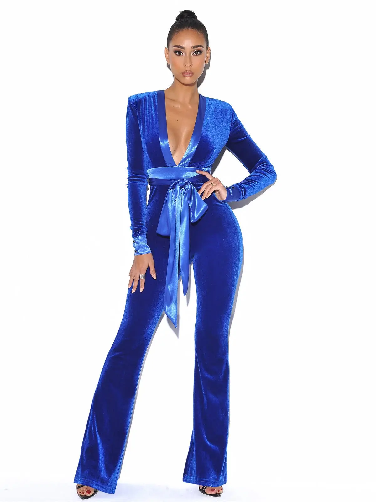 Velvet Belted Deep-V Jumpsuit