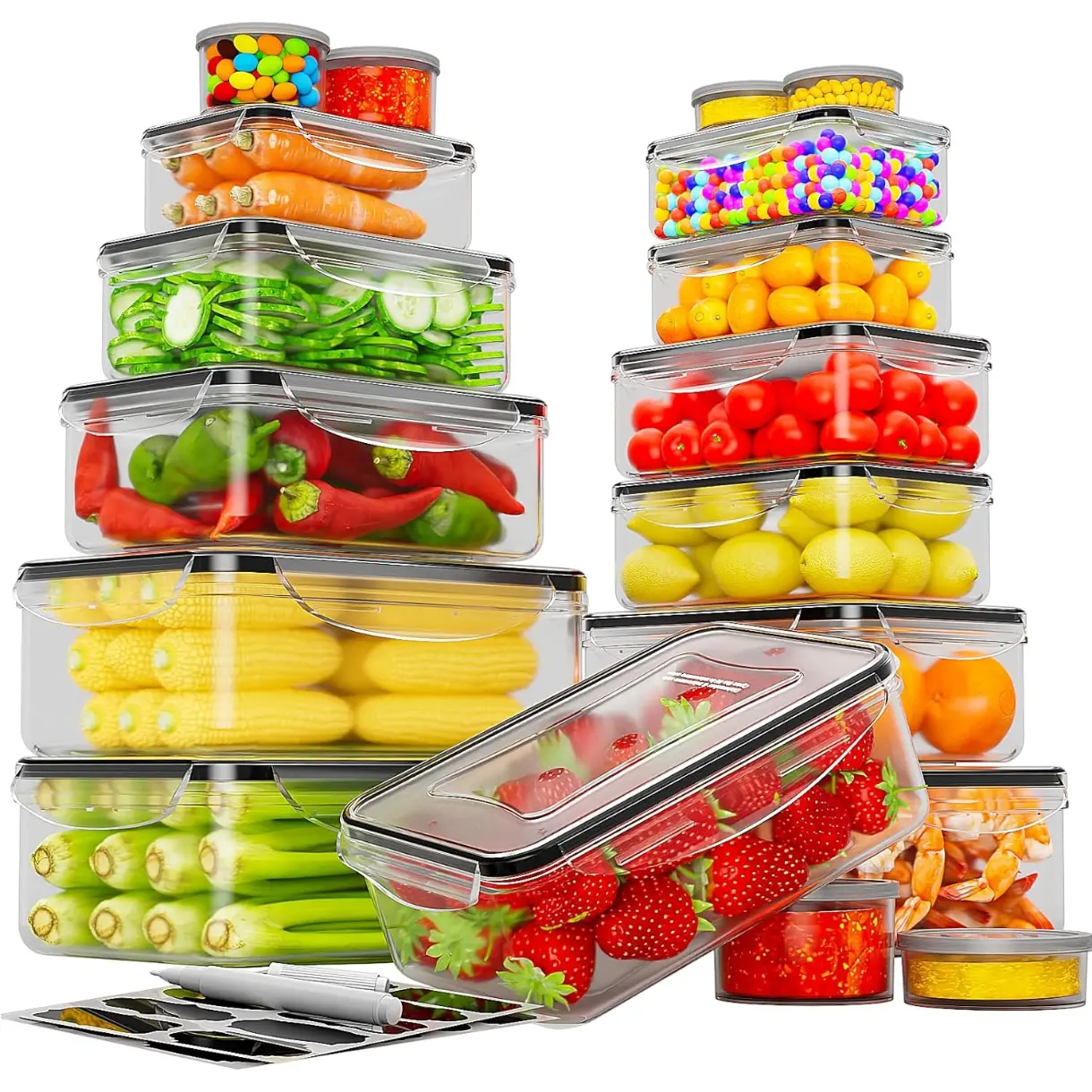 36 PCS Food Storage Containers with Lids Airtight (18 Freezer Containers with 18 Lids) - Leakproof Plastic Meal Prep Containers for Pantry, Kitchen Storage and Organization with Labels & Pen